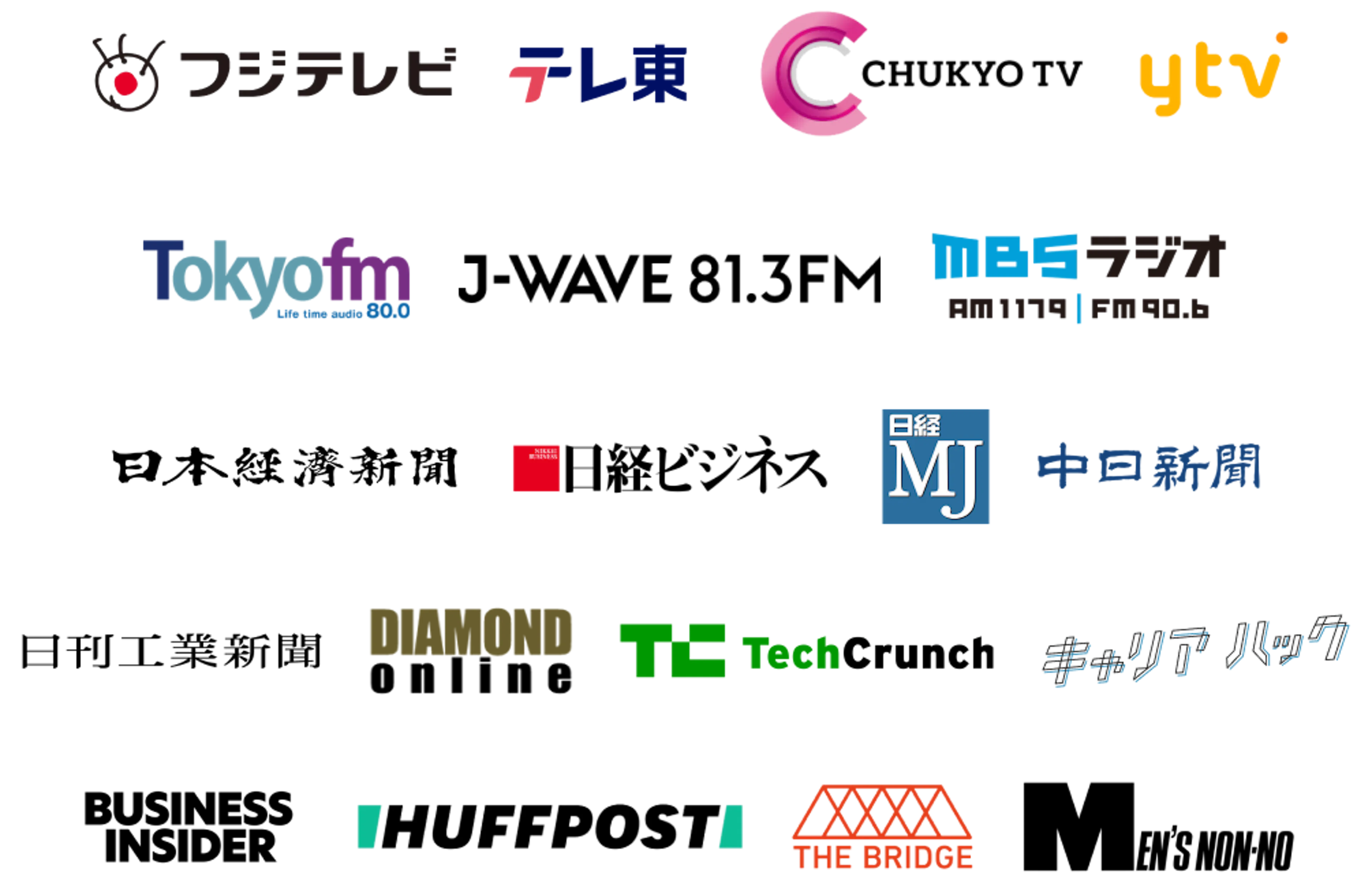 フジテレビ、テレビ東京、中京テレビ、読売テレビ、TOKYO FM、J-WAVE、MBSラジオ、日本経済新聞、日経ビジネス、日経MJ、中日新聞、日刊工業新聞、DIAMOND online、TechCrunch、キャリアハック、BUSINESS INSIDER、HUFFPOST、THE BRIDGE、MEN'S NON-NO